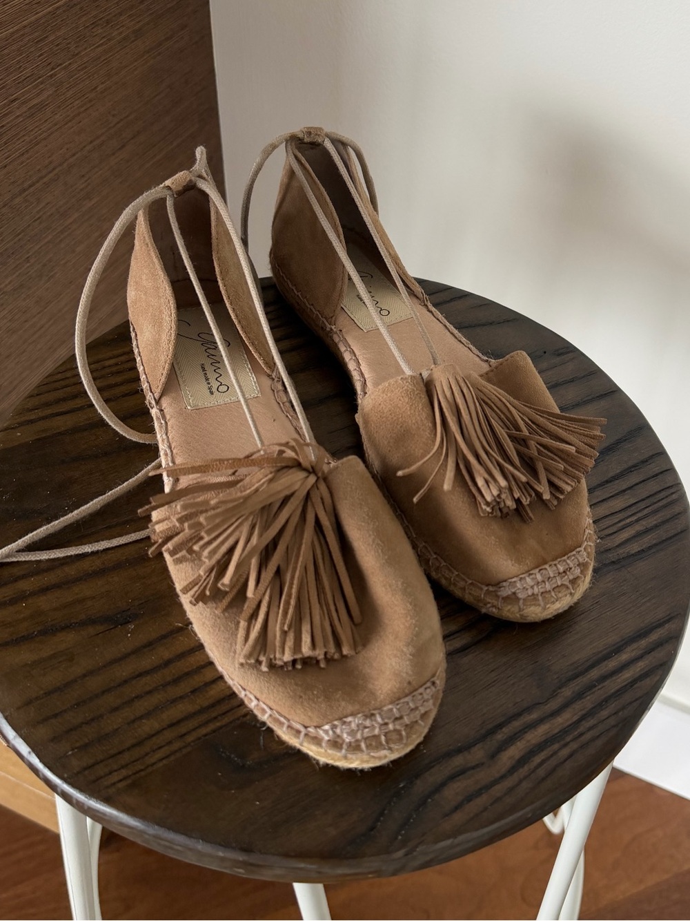Gaimo Spain Suede Fringe Ankle Tie Espadrille Flats Sand Beige 38 Euro